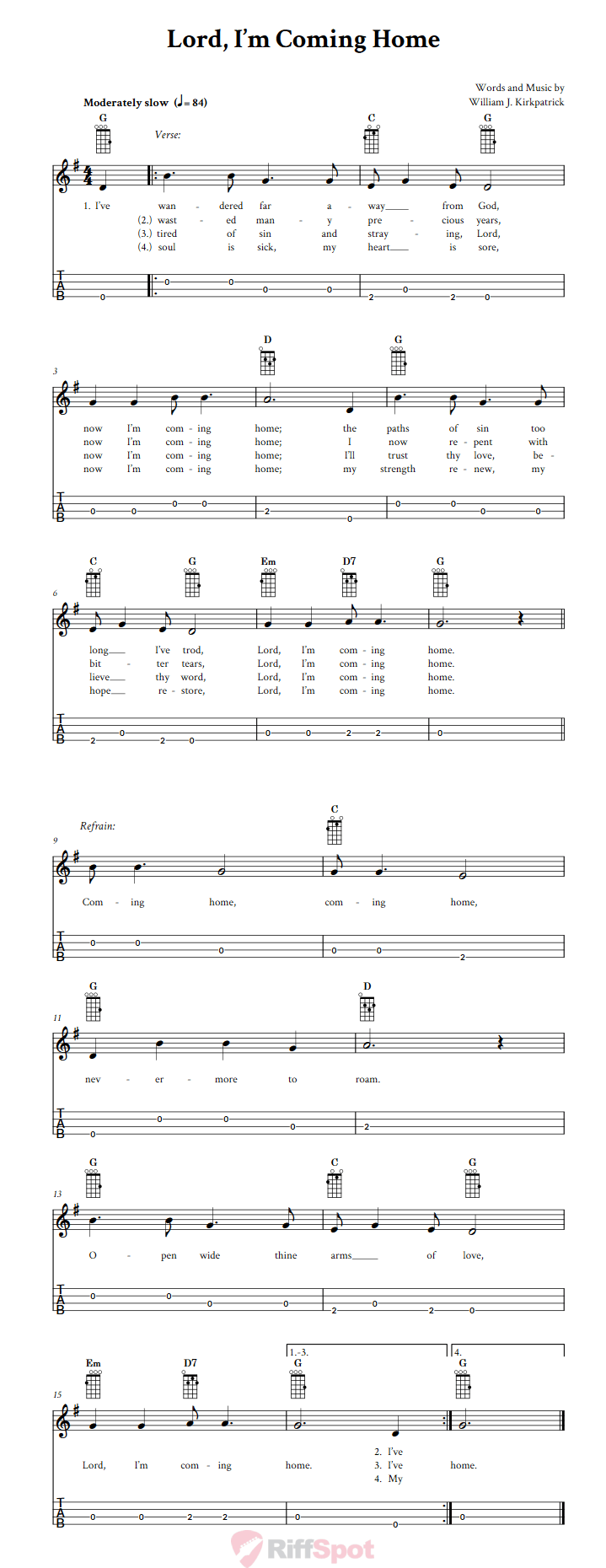 Lord, I'm Coming Home Baritone Ukulele Tab