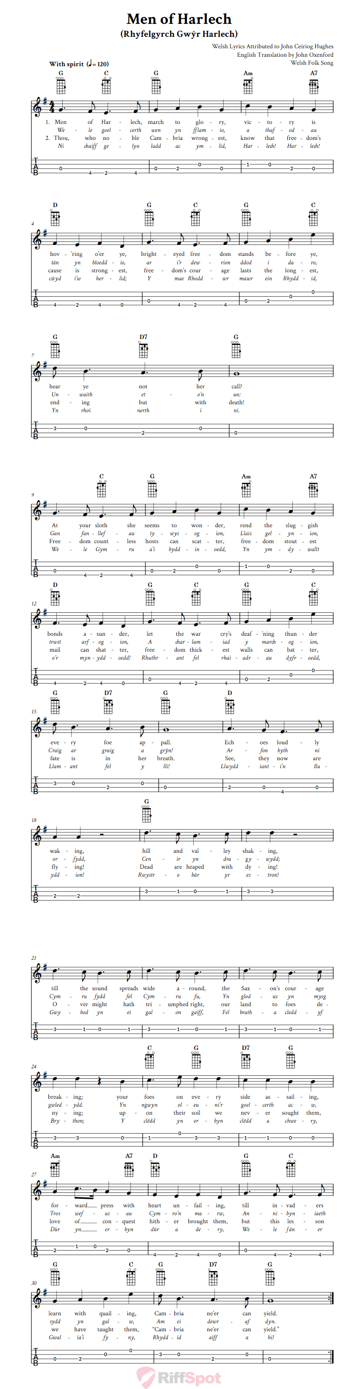 Men of Harlech Baritone Ukulele Tab