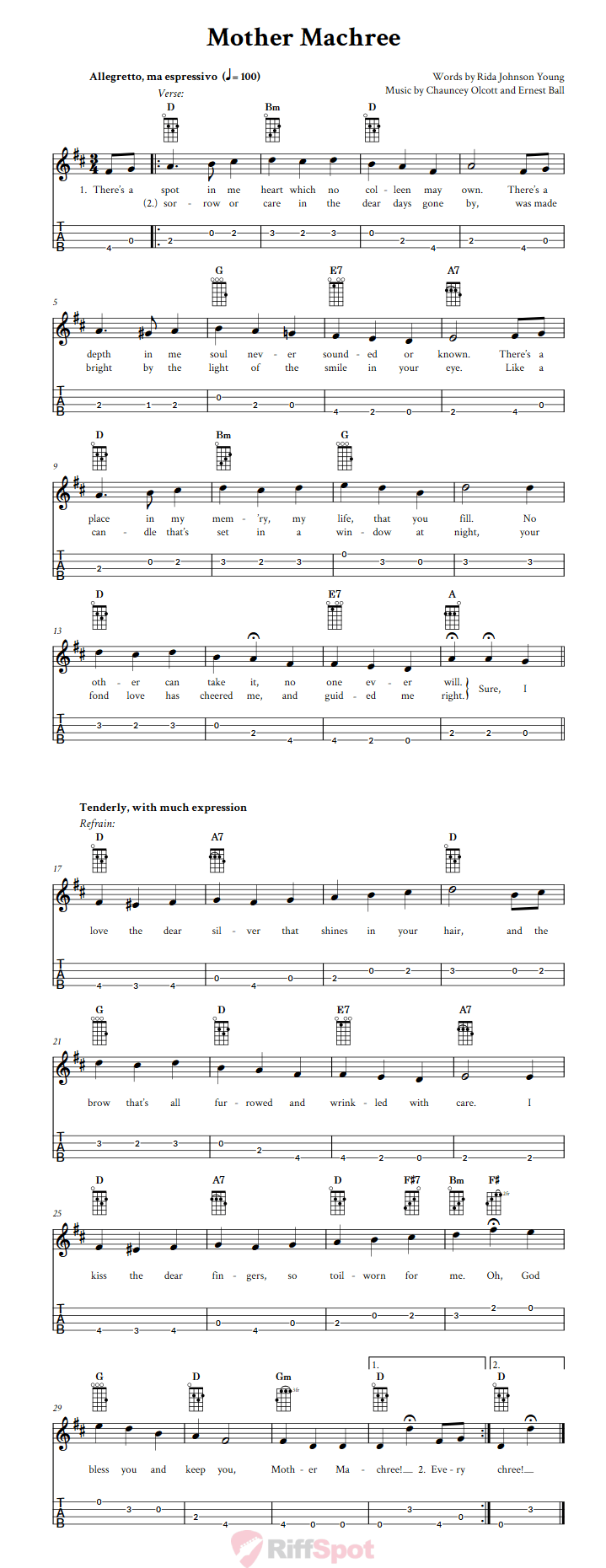 Mother Machree Baritone Ukulele Tab