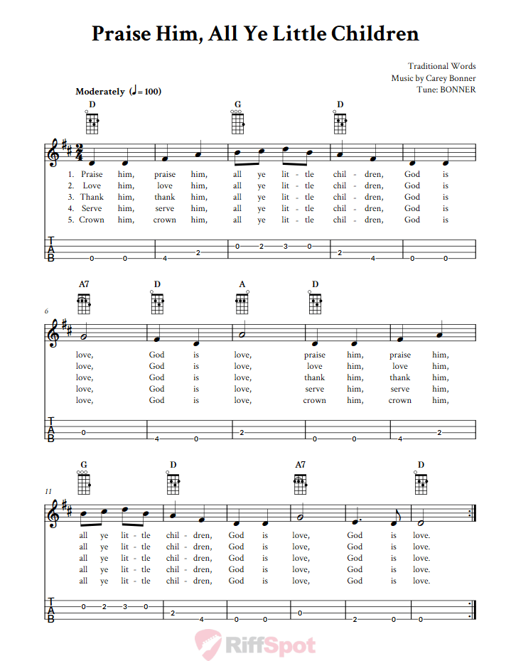 Praise Him, All Ye Little Children Baritone Ukulele Tab