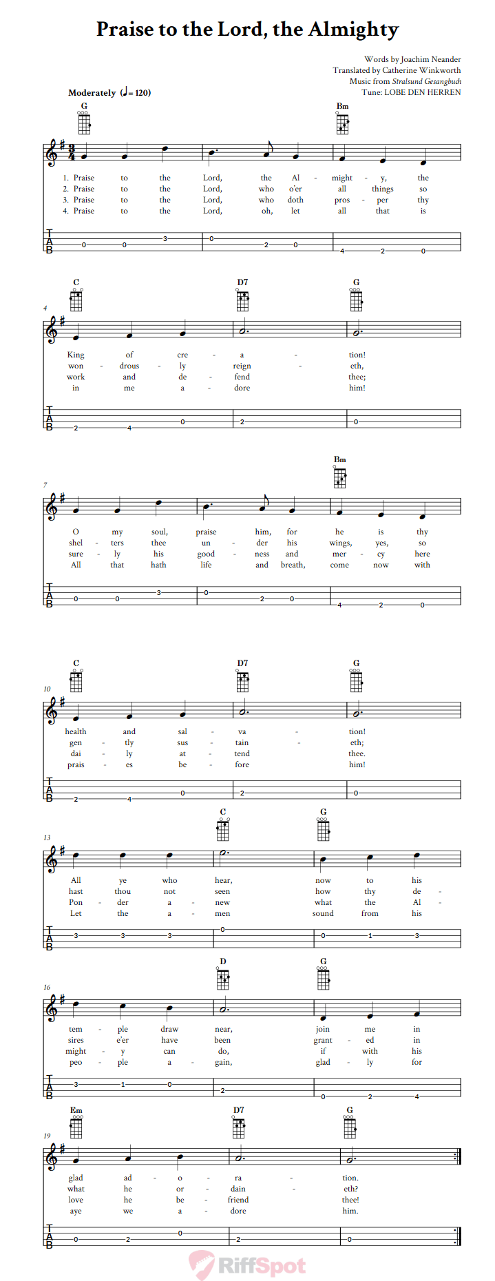 Praise to the Lord, the Almighty Baritone Ukulele Tab