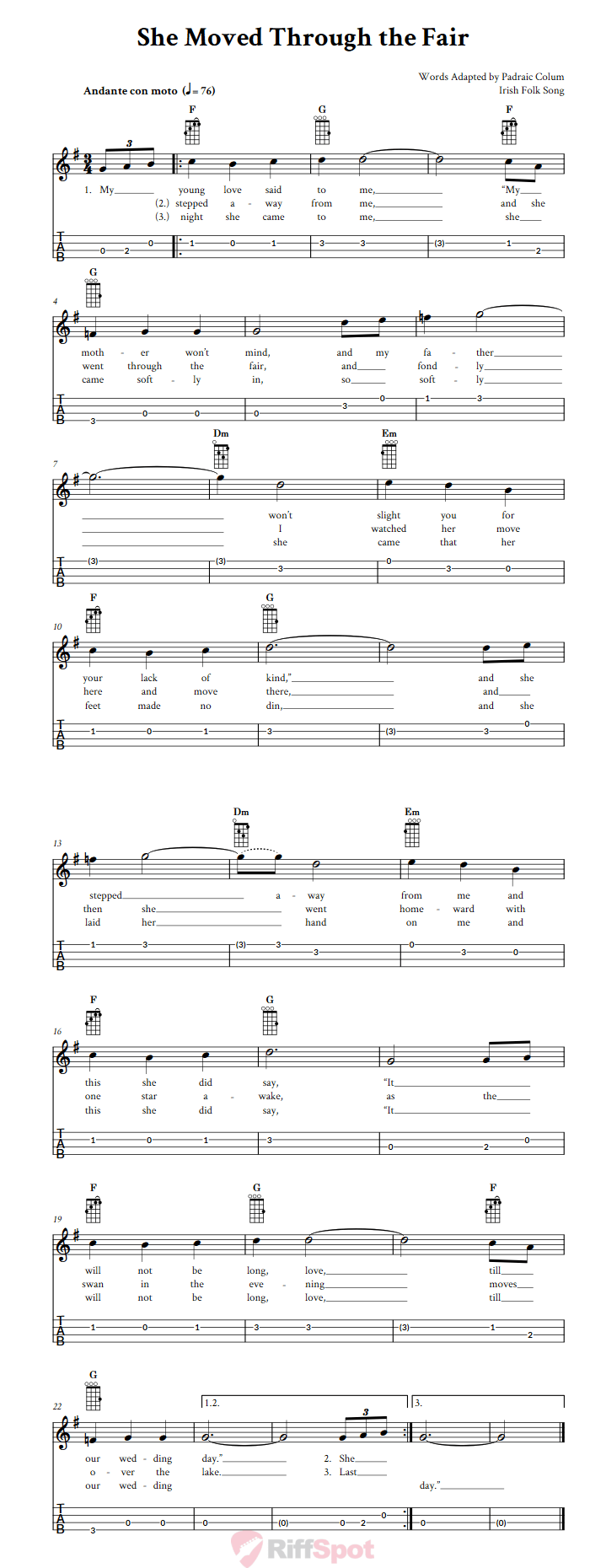 She Moved Through the Fair Baritone Ukulele Tab
