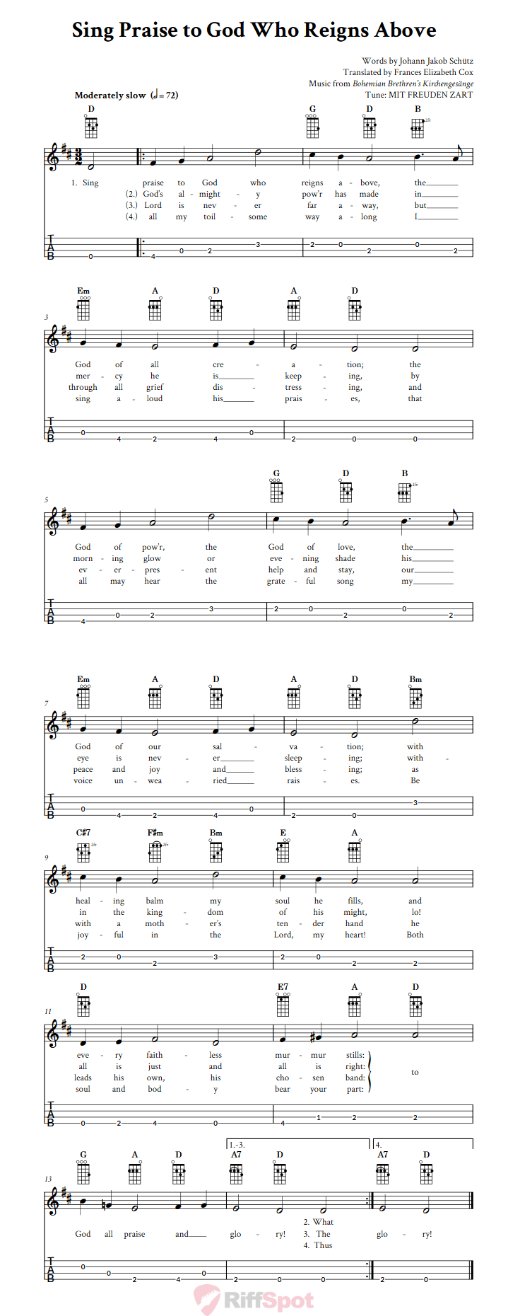 Sing Praise to God Who Reigns Above Baritone Ukulele Tab