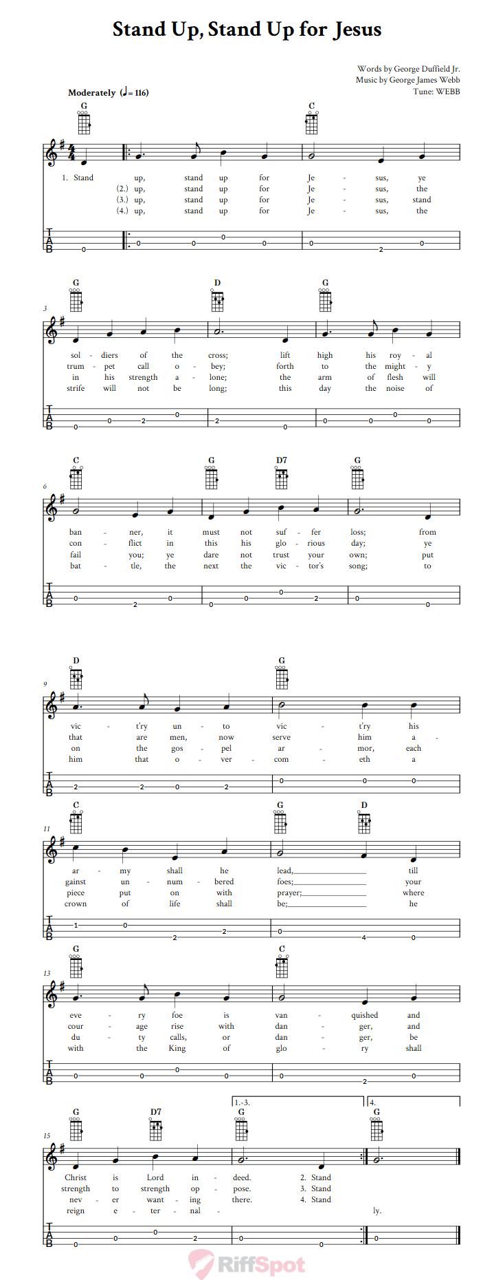 Stand Up, Stand Up for Jesus Baritone Ukulele Tab