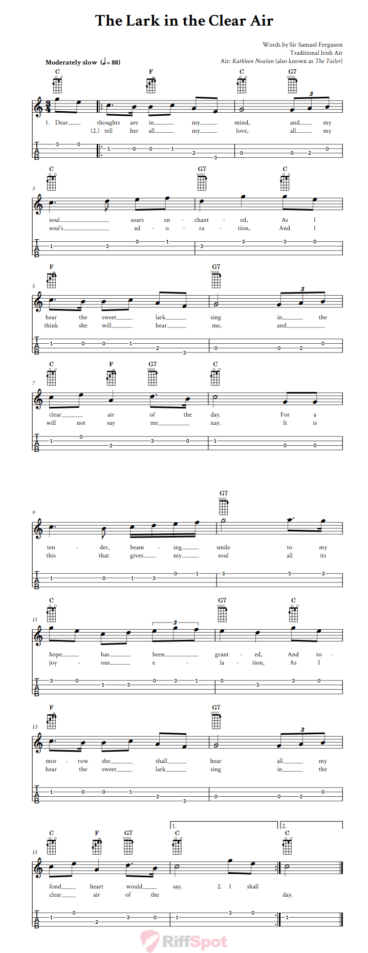 The Lark in the Clear Air Baritone Ukulele Tab