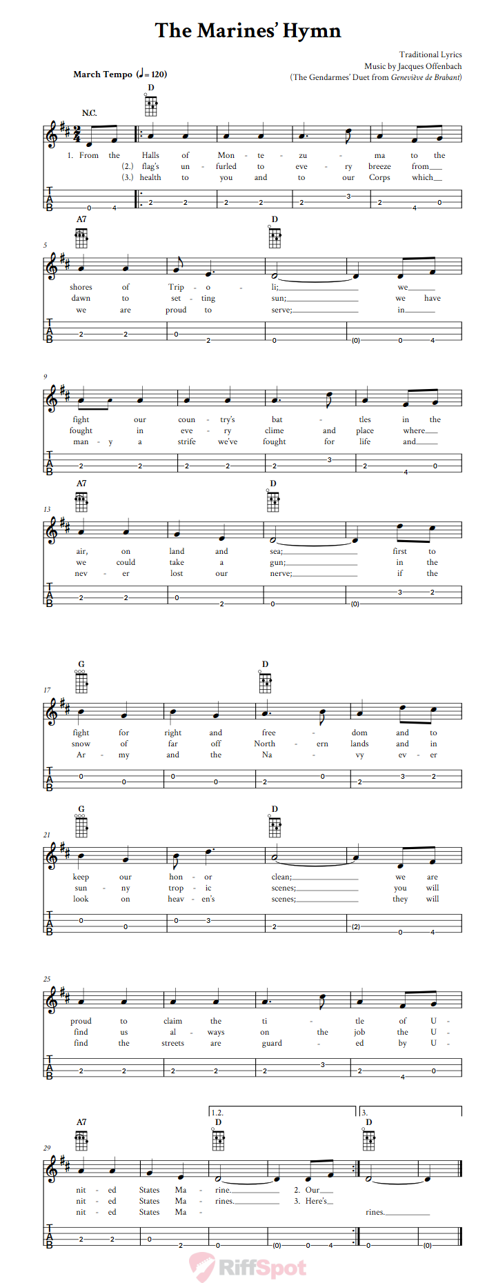 The Marines' Hymn  Baritone Ukulele Tab