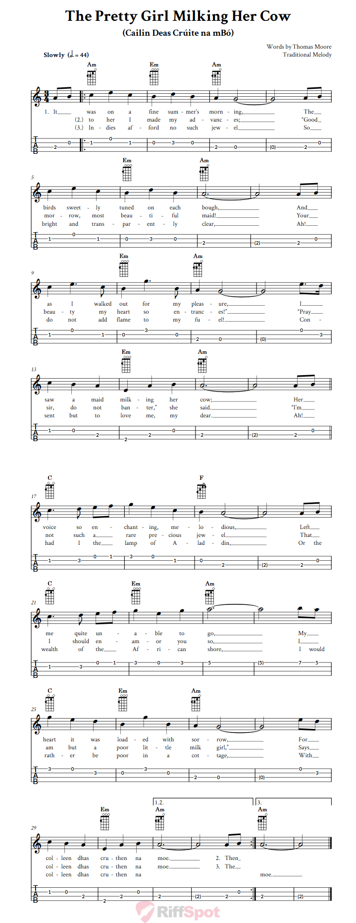 The Pretty Girl Milking Her Cow Baritone Ukulele Tab