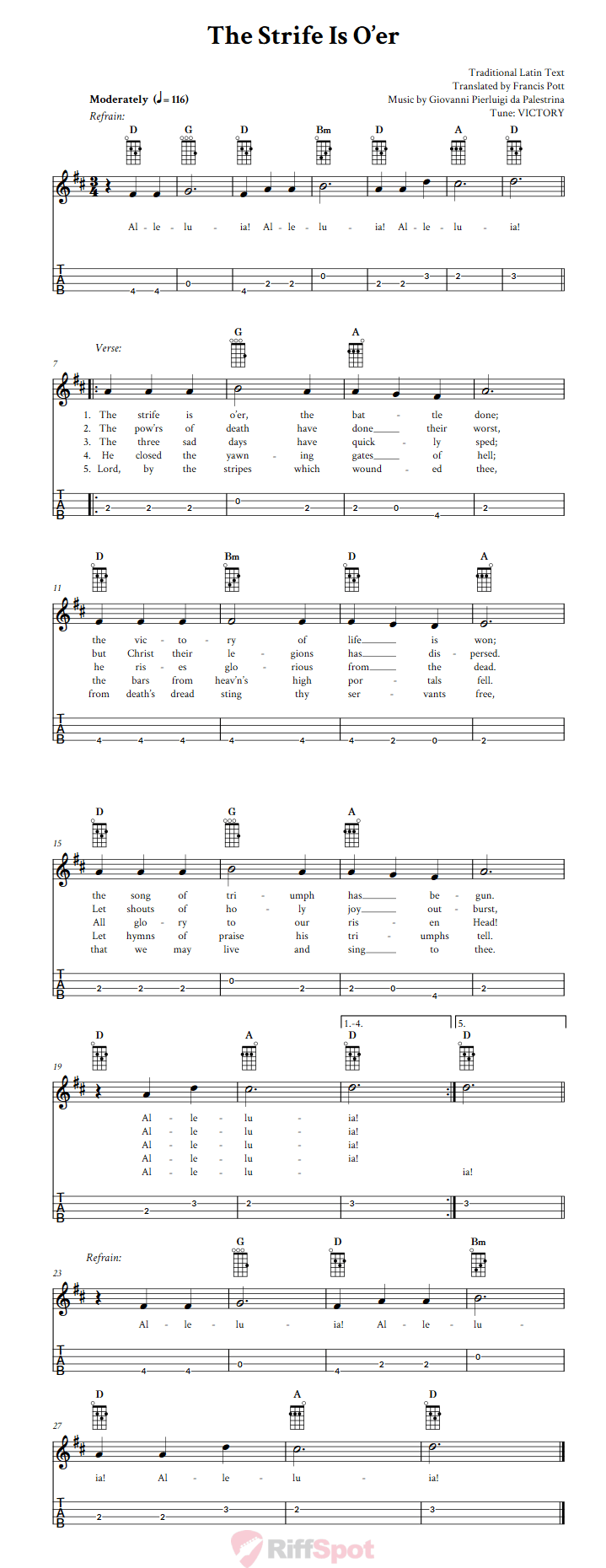 The Strife Is O'er Baritone Ukulele Tab