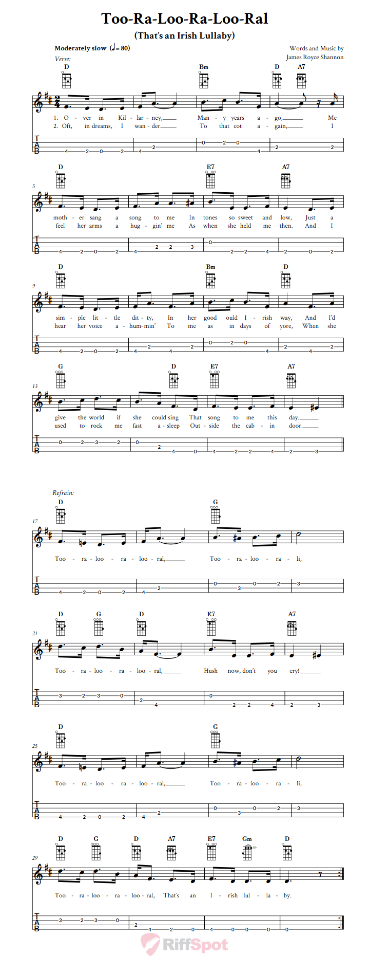 Too-Ra-Loo-Ra-Loo-Ral (That's an Irish Lullaby) Baritone Ukulele Tab