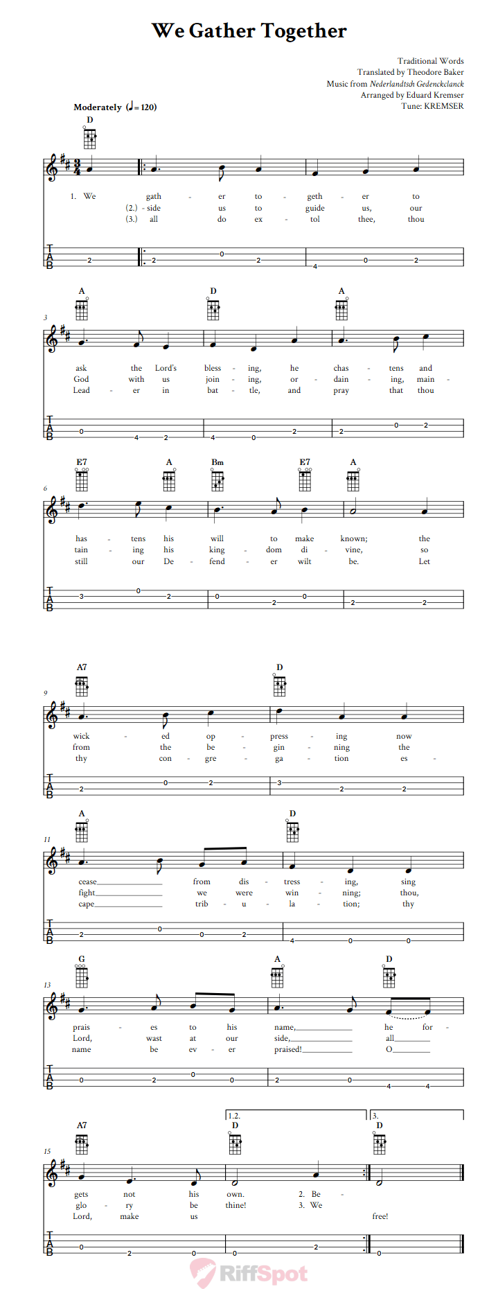 We Gather Together Baritone Ukulele Tab