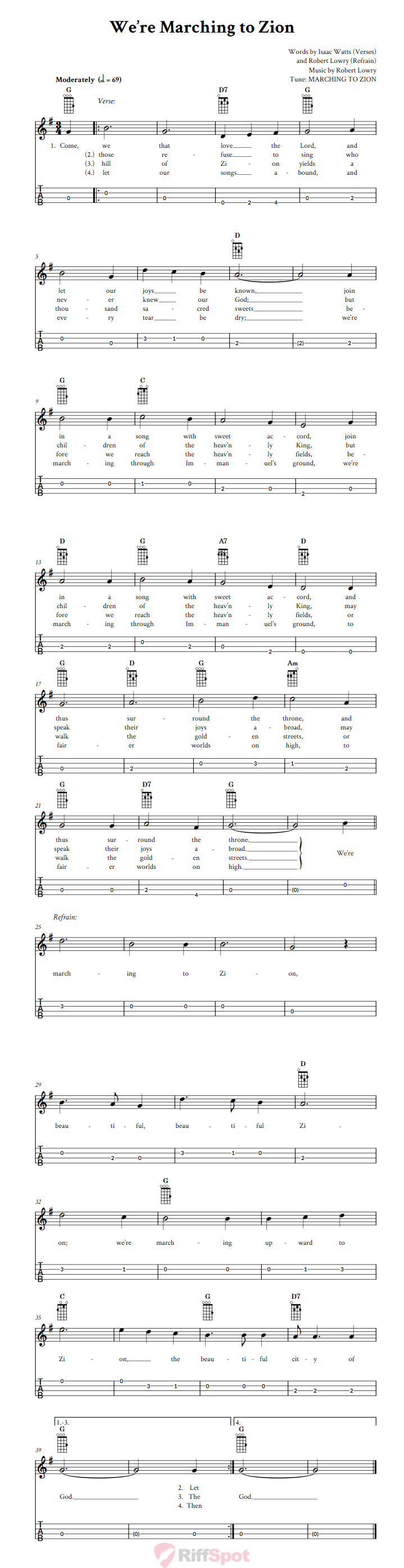 We're Marching to Zion Baritone Ukulele Tab