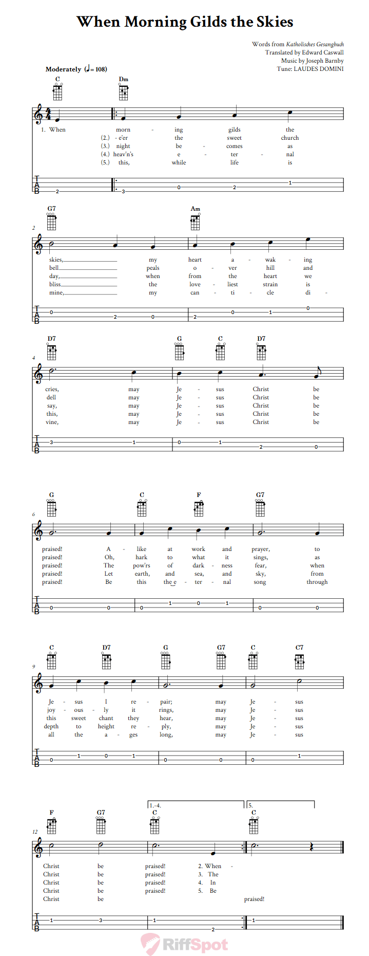 When Morning Gilds the Skies Baritone Ukulele Tab