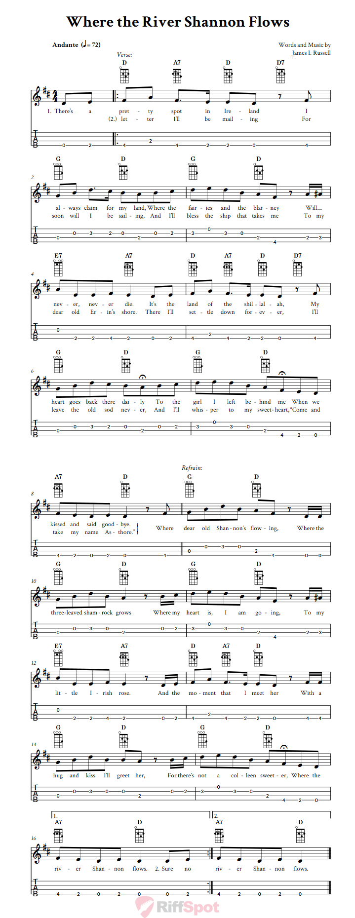Where the River Shannon Flows Baritone Ukulele Tab