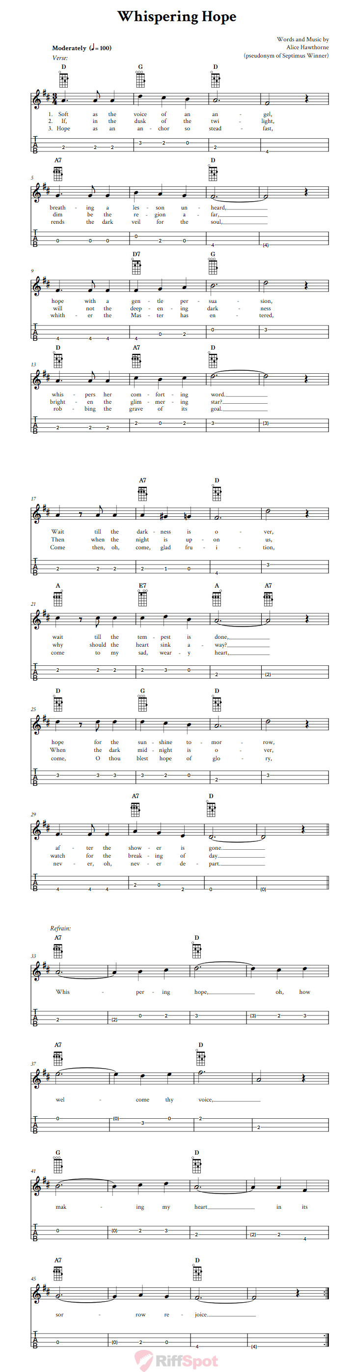 Whispering Hope Baritone Ukulele Tab