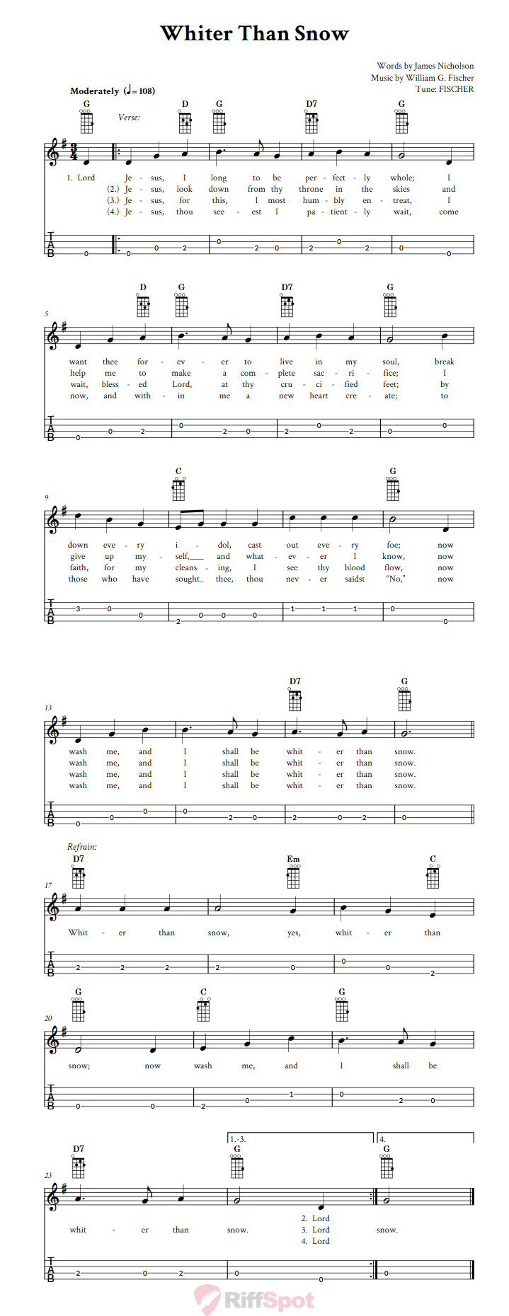 Whiter Than Snow Baritone Ukulele Tab
