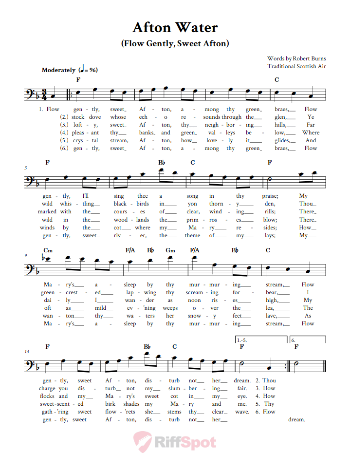 Afton Water Bass Clef Sheet Music