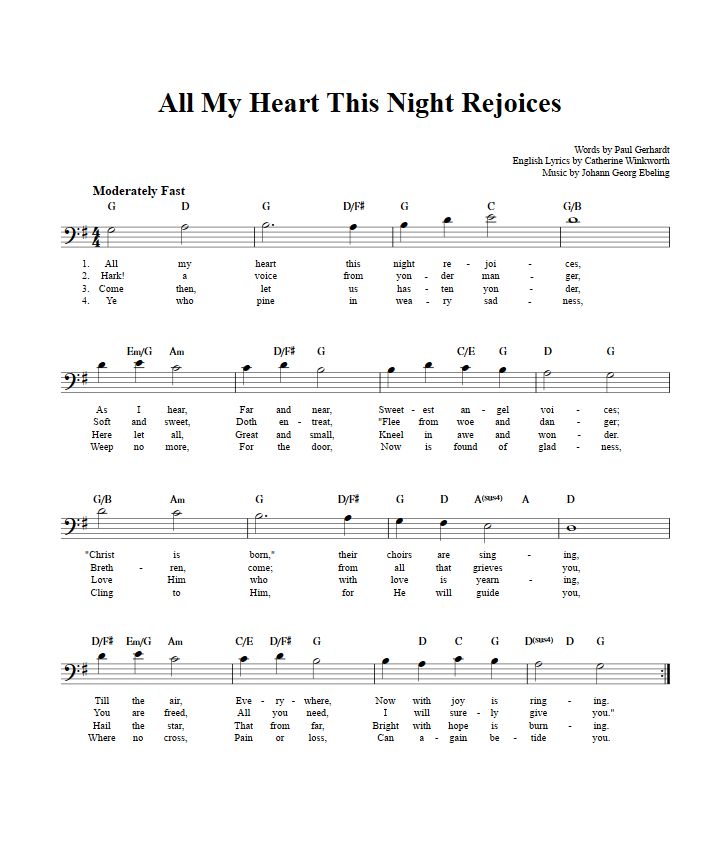 All My Heart This Night Rejoices Bass Clef Sheet Music