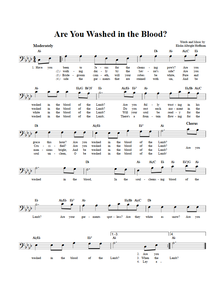 Are You Washed in the Blood? Bass Clef Sheet Music
