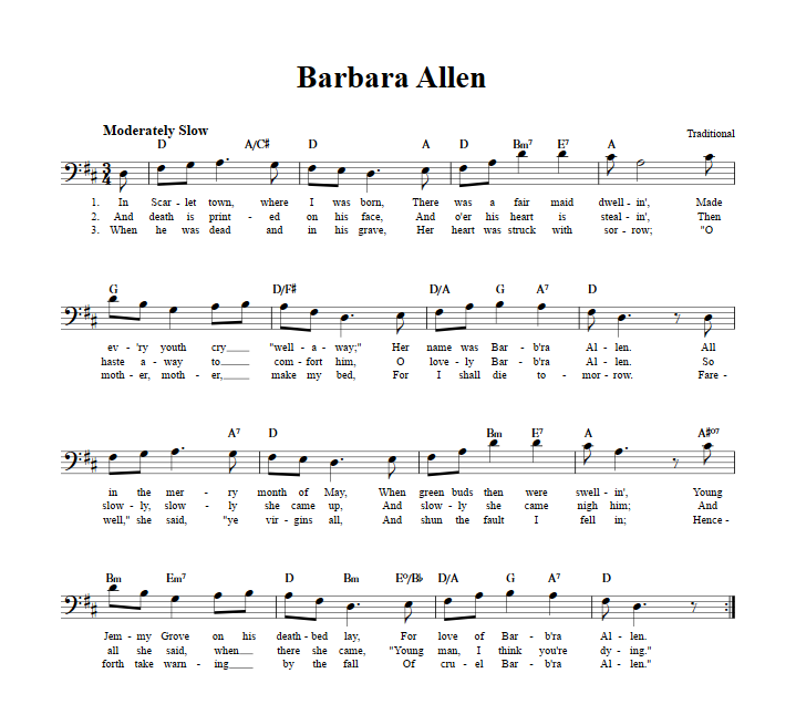 Barbara Allen Bass Clef Sheet Music