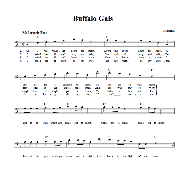 Buffalo Gals Bass Clef Sheet Music