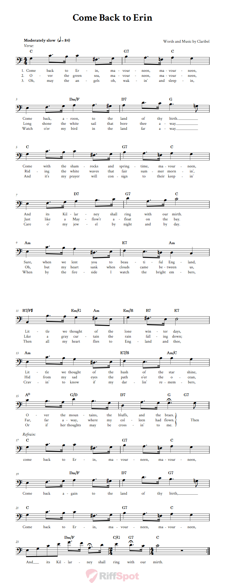 Come Back to Erin Bass Clef Sheet Music
