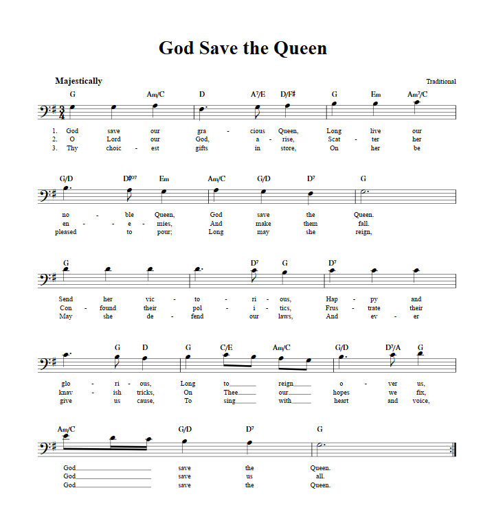 God Save the Queen Bass Clef Sheet Music