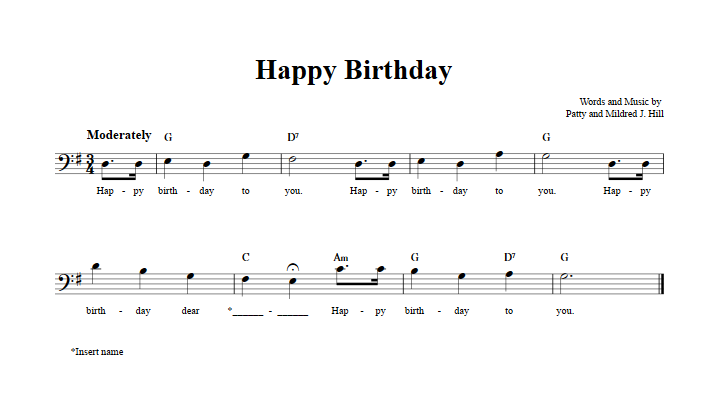 Happy Birthday Bass Clef Sheet Music