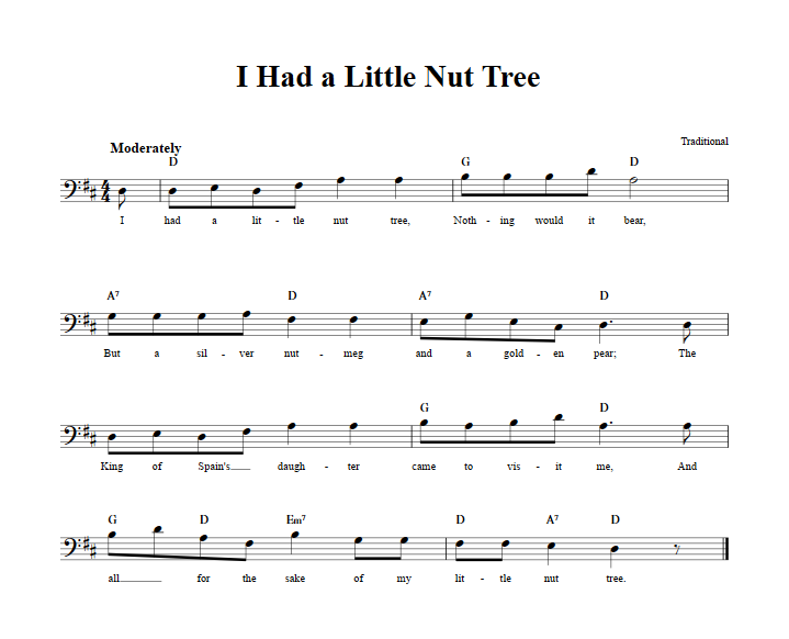 I Had a Little Nut Tree Bass Clef Sheet Music