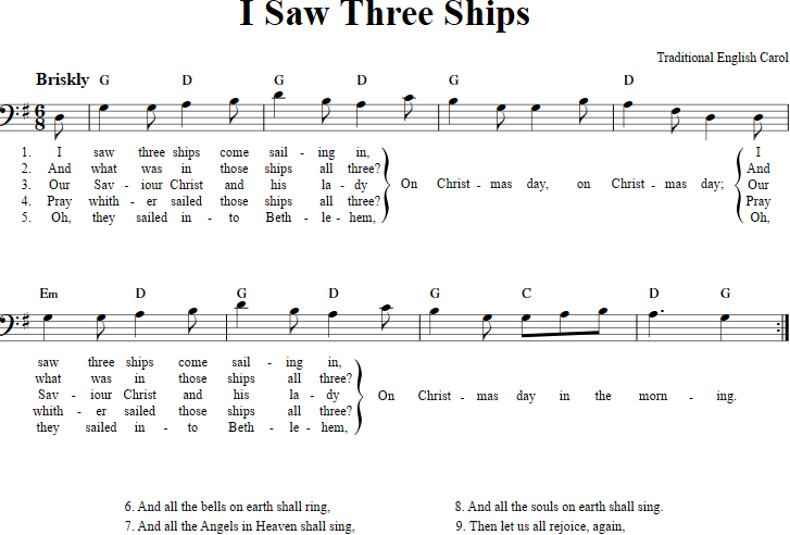 I Saw Three Ships Bass Clef Sheet Music