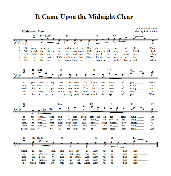It Came Upon the Midnight Clear Bass Clef Sheet Music