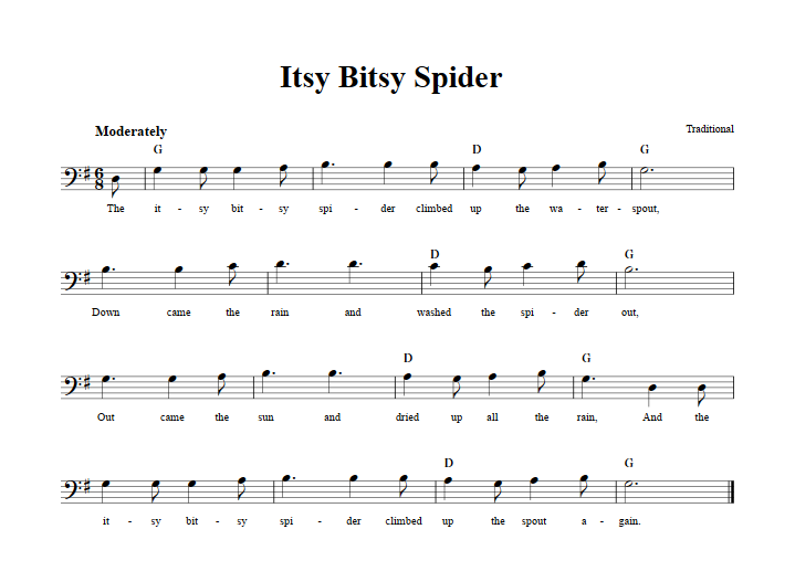 Itsy Bitsy Spider Bass Clef Sheet Music