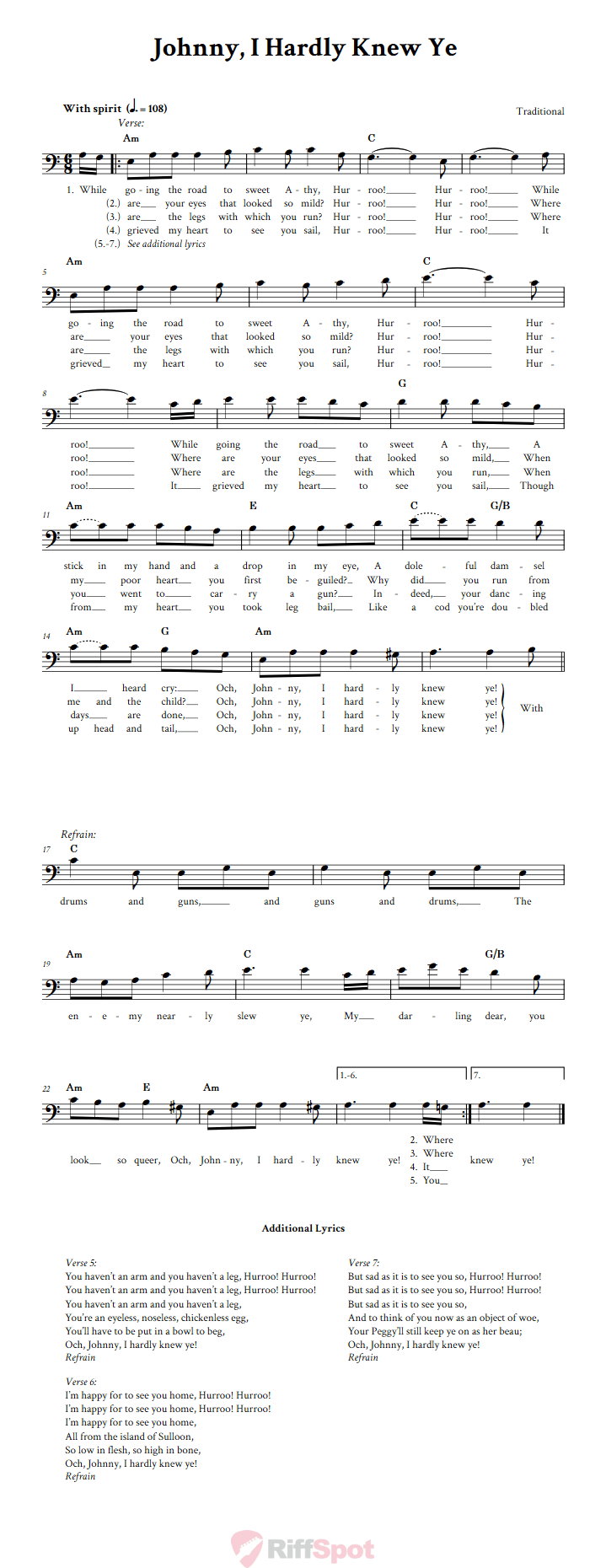 Johnny, I Hardly Knew Ye Bass Clef Sheet Music