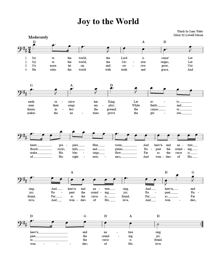 Joy to the World Bass Clef Sheet Music