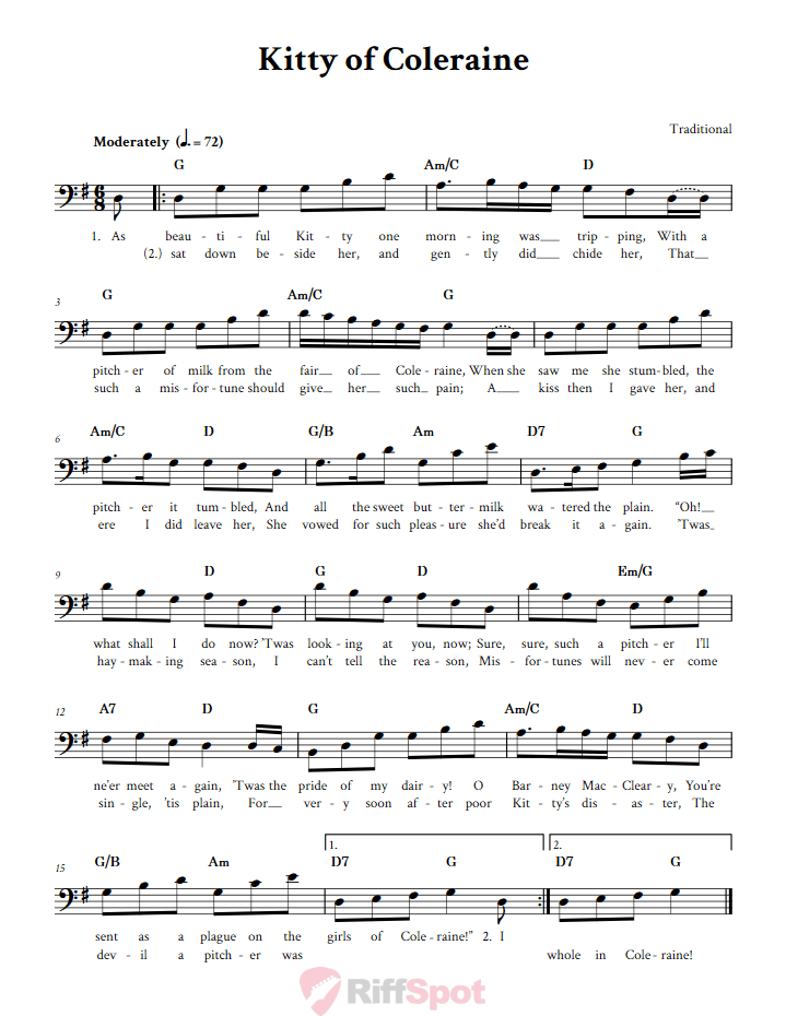 Kitty of Coleraine Bass Clef Sheet Music