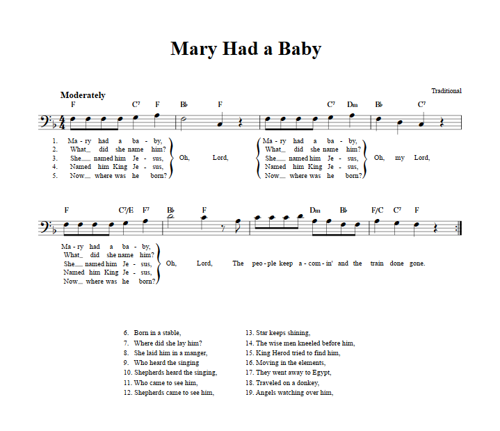 Mary Had a Baby Bass Clef Sheet Music