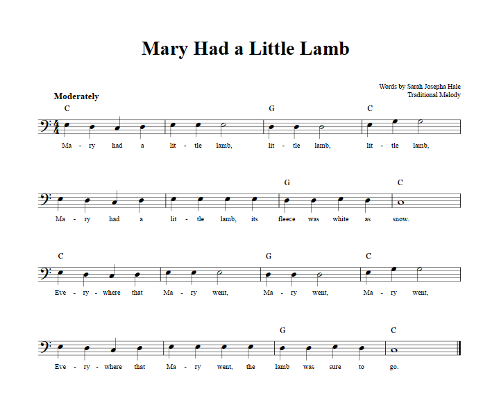 Mary Had a Little Lamb Bass Clef Sheet Music