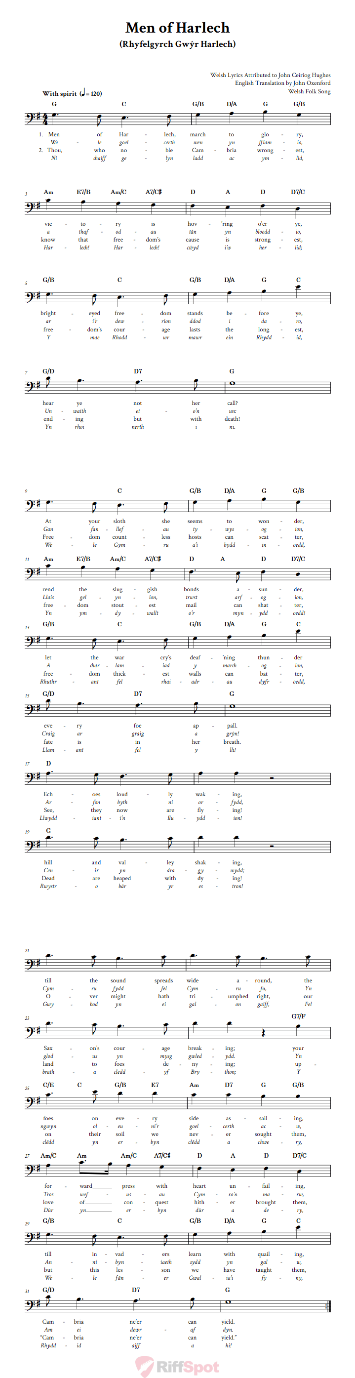 Men of Harlech Bass Clef Sheet Music