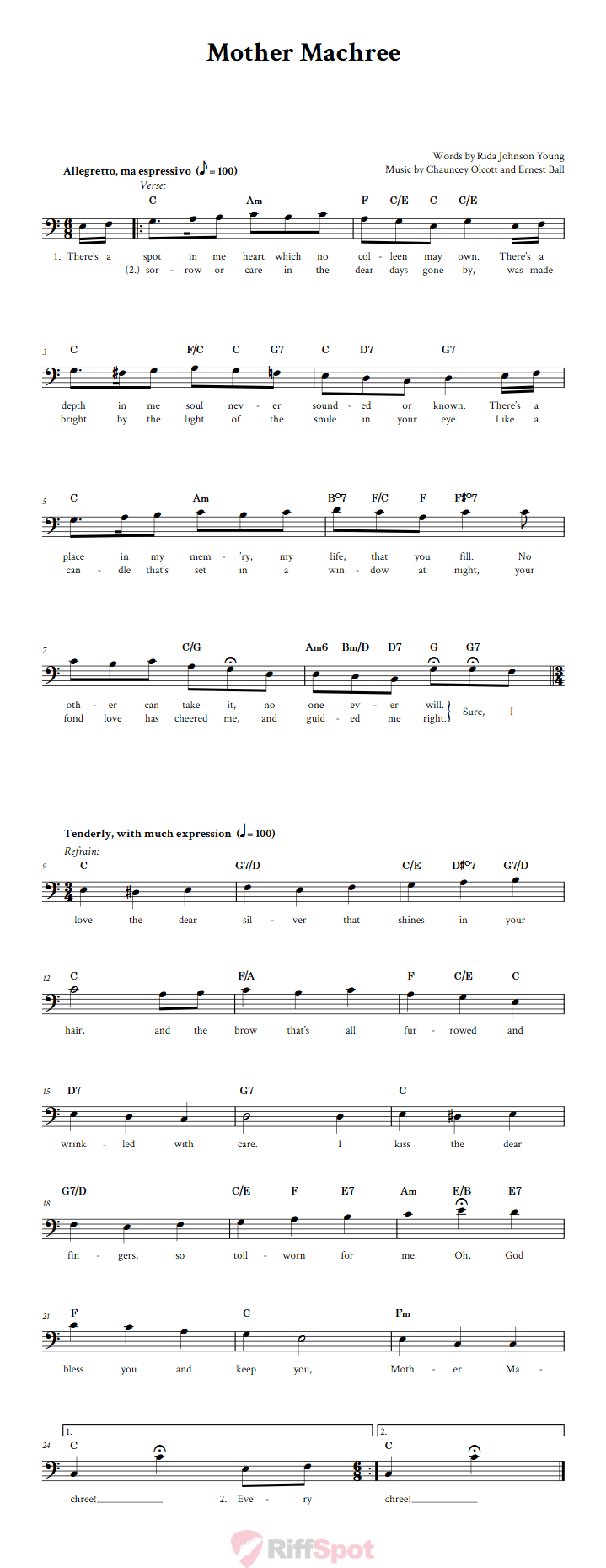 Mother Machree Bass Clef Sheet Music