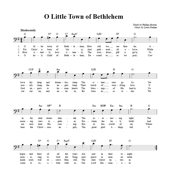 O Little Town of Bethlehem Bass Clef Sheet Music