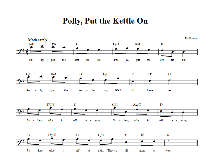 Polly Put the Kettle On Bass Clef Sheet Music