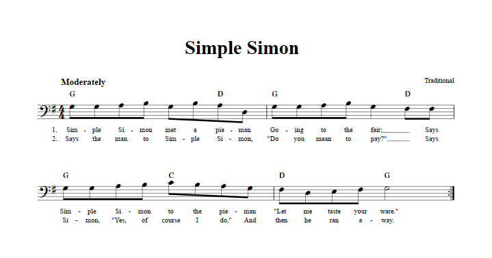 Simple Simon Bass Clef Sheet Music
