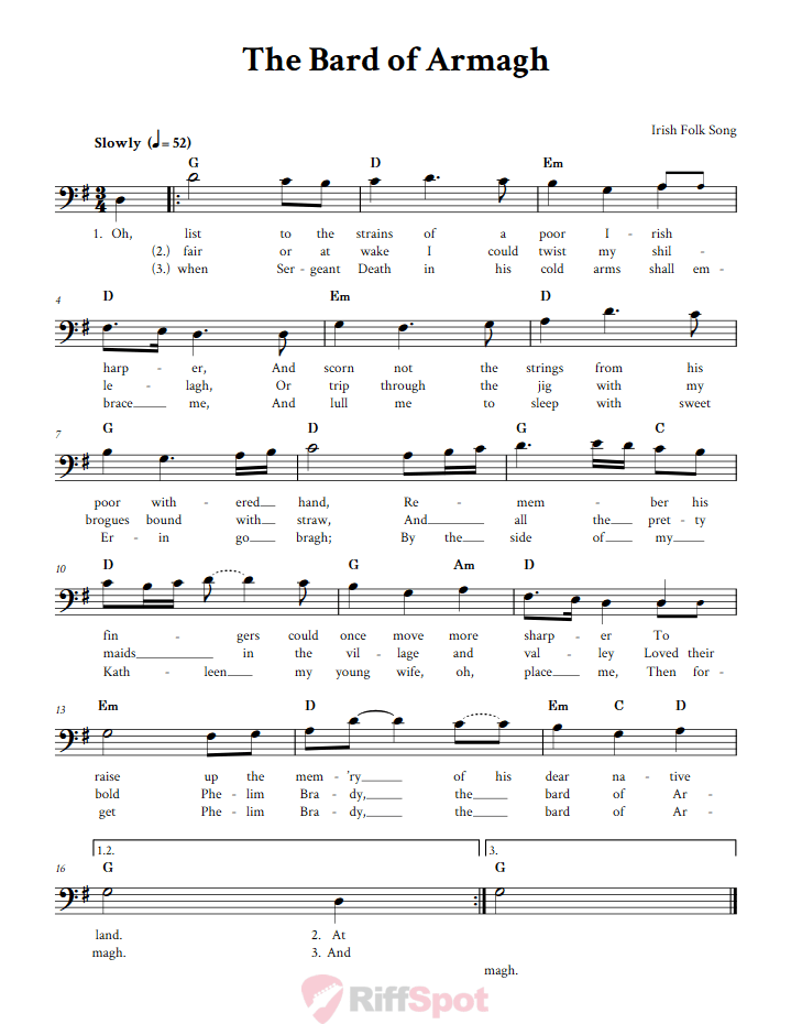 The Bard of Armagh Bass Clef Sheet Music