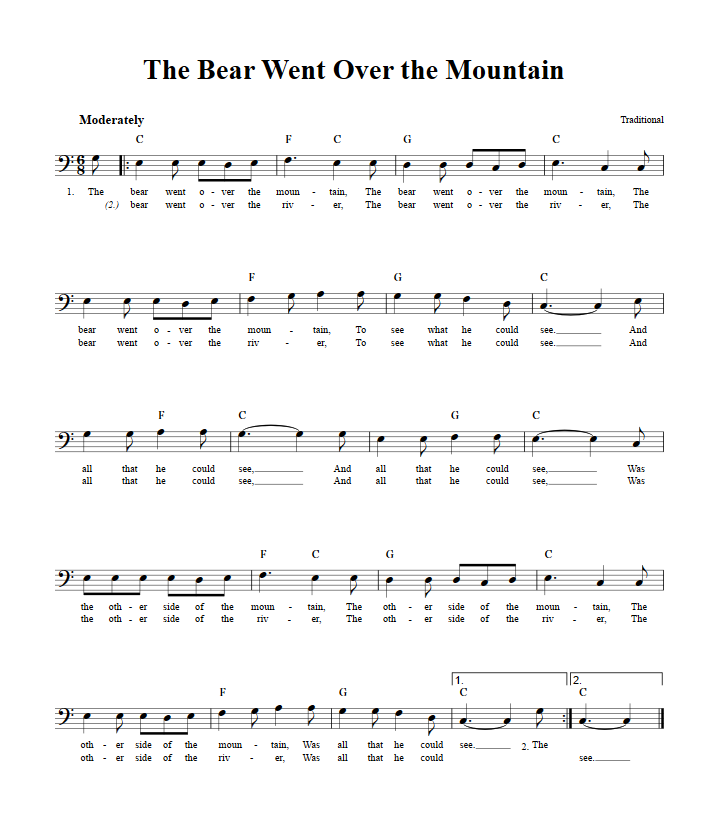 The Bear Went Over the Mountain Bass Clef Sheet Music