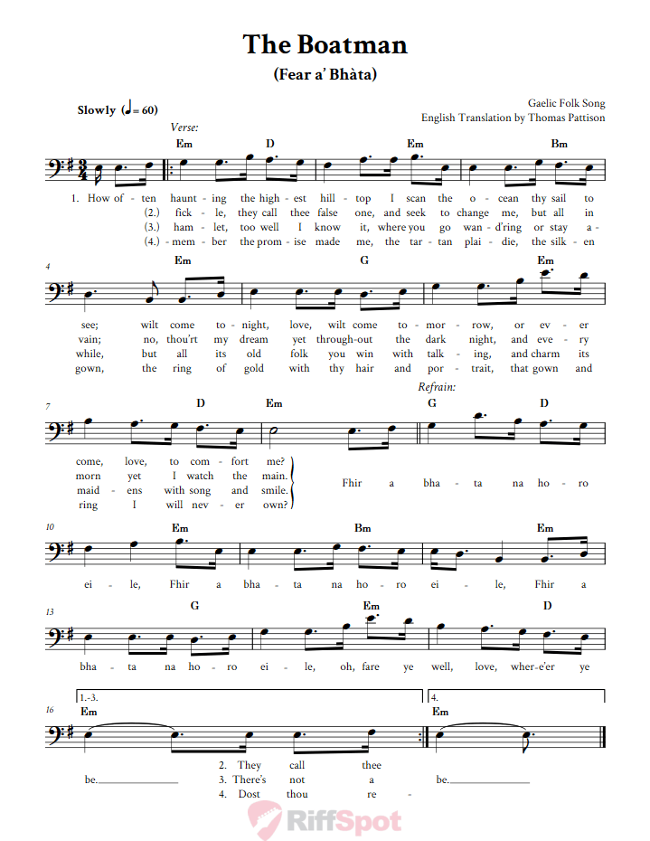 The Boatman Bass Clef Sheet Music
