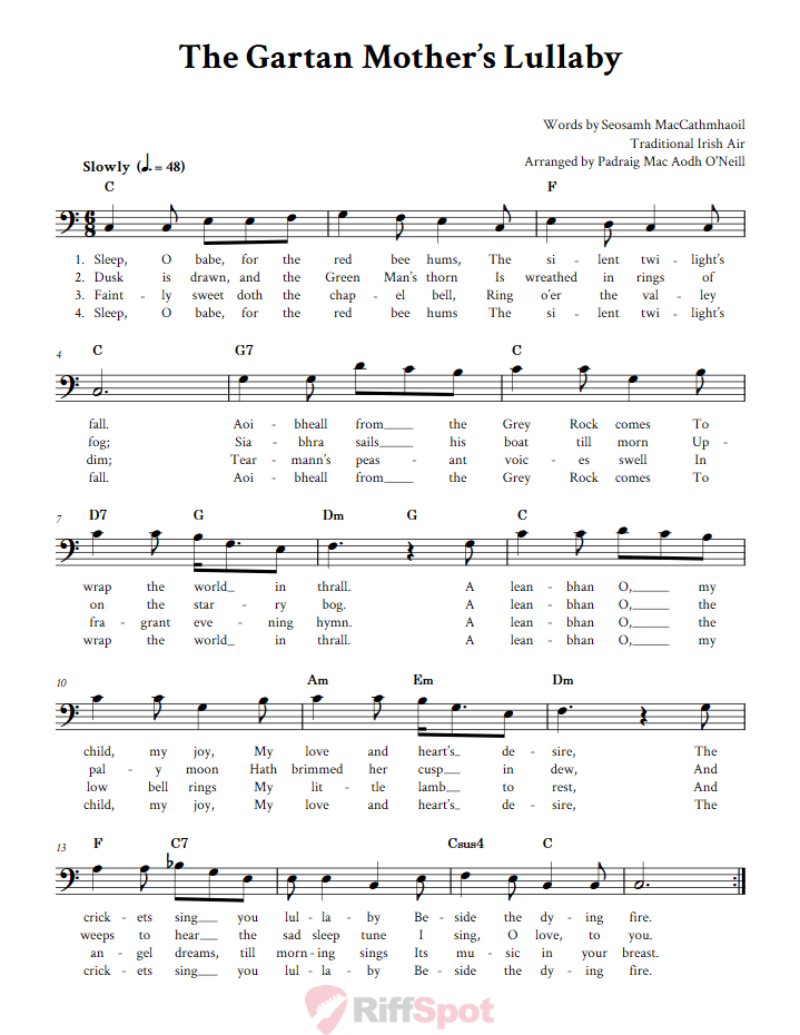 The Gartan Mother's Lullaby Bass Clef Sheet Music