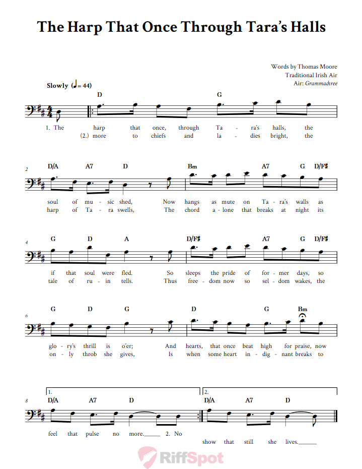 The Harp That Once Through Tara's Halls Bass Clef Sheet Music