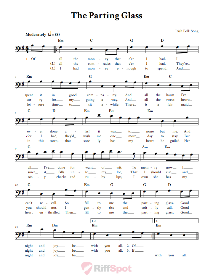 The Parting Glass Bass Clef Sheet Music
