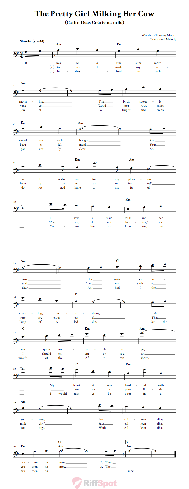 The Pretty Girl Milking Her Cow Bass Clef Sheet Music
