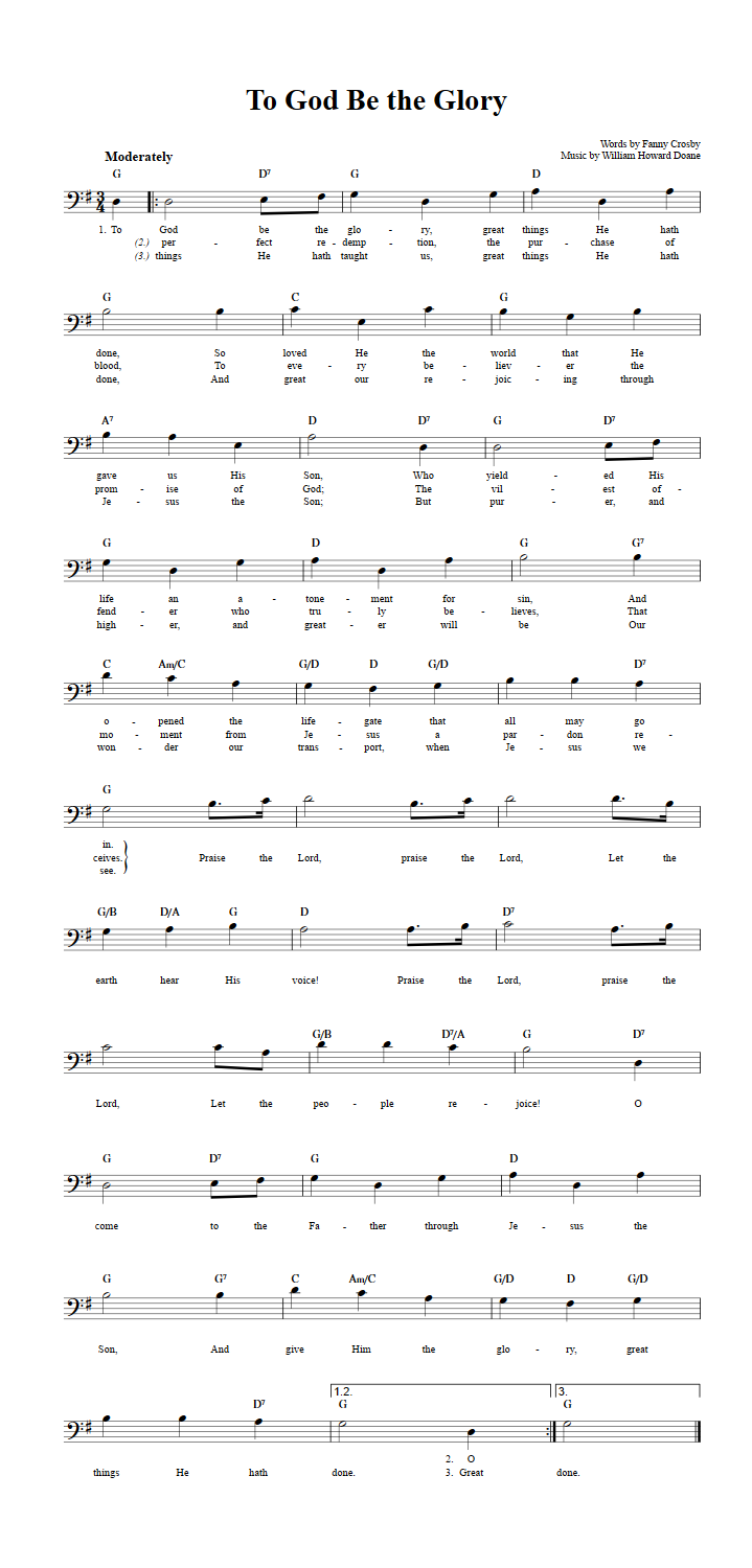 To God Be the Glory Bass Clef Sheet Music