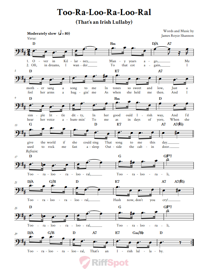 Too-Ra-Loo-Ra-Loo-Ral (That's an Irish Lullaby) Bass Clef Sheet Music